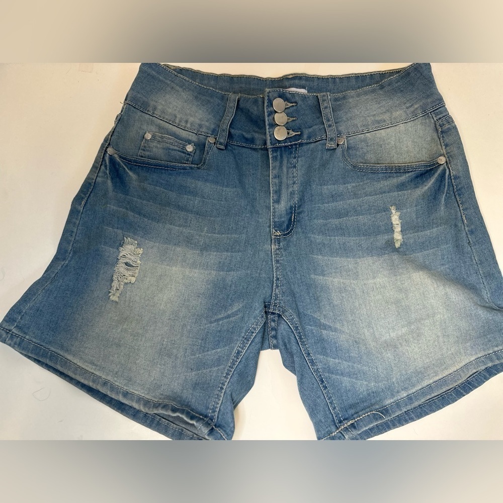 Blue distressed style stretch denim shorts with 3 button fly